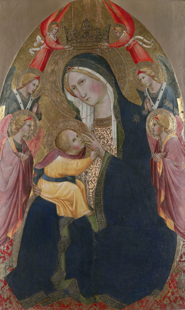 Ödmjukhetens Madonna med beundrande änglar (tempera och bladguld på panelen) av Agnolo Gaddi