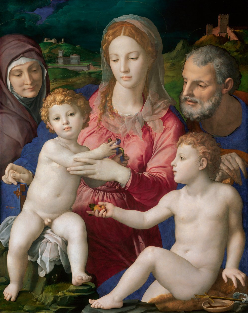 La Sainte Famille avec Sainte Anne et Saint Jean Baptiste - Den heliga familjen med de heliga Anne och Johannes döparen - Målning av Agnolo Bronzino (Allori Angelo di Cosimo dit Bronzino av Agnolo Bronzino
