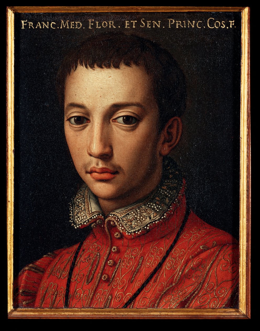 Porträtt av Francois I av Medici (Francesco I de Medici) (1541-1587) Ung pojke Målning av Allori Angelo di Cosimo dit Bronzino (1503-1572) 1500-talet Sön 15x12 cm Palace Medici-Riccardi (Medici Riccardi) Florens av Agnolo Bronzino