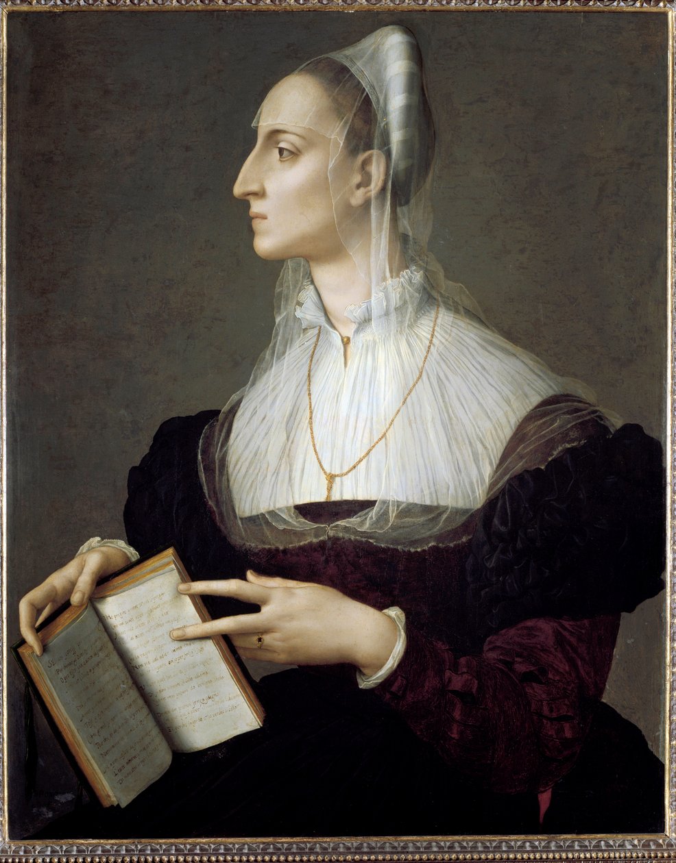 Porträtt av den italienska poetinnan Laura Battiferri som läser Petrarkas sonetter (olja på panel av Agnolo Bronzino