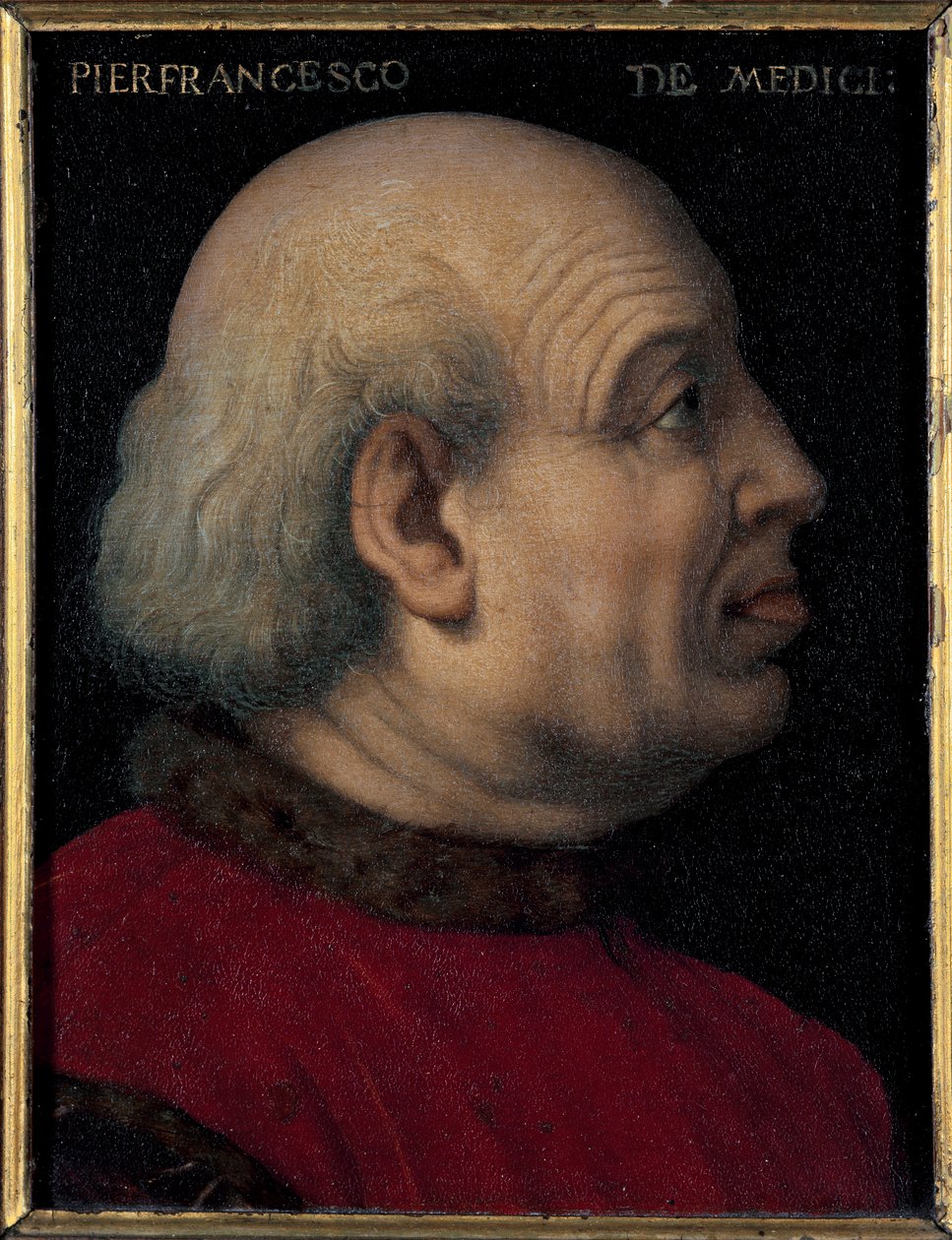 Porträtt av Pierfrancesco di Lorenzo de Medicis den äldre (1430-1476) (Porträtt av Pierfrancesco de Medici den äldre italiensk bankir och diplomat, en medlem av House of Medici i Florens) Målning av Bronzino (Agnolo di Cosimo) (1503-1572) Mått 15x12 cm av Agnolo Bronzino