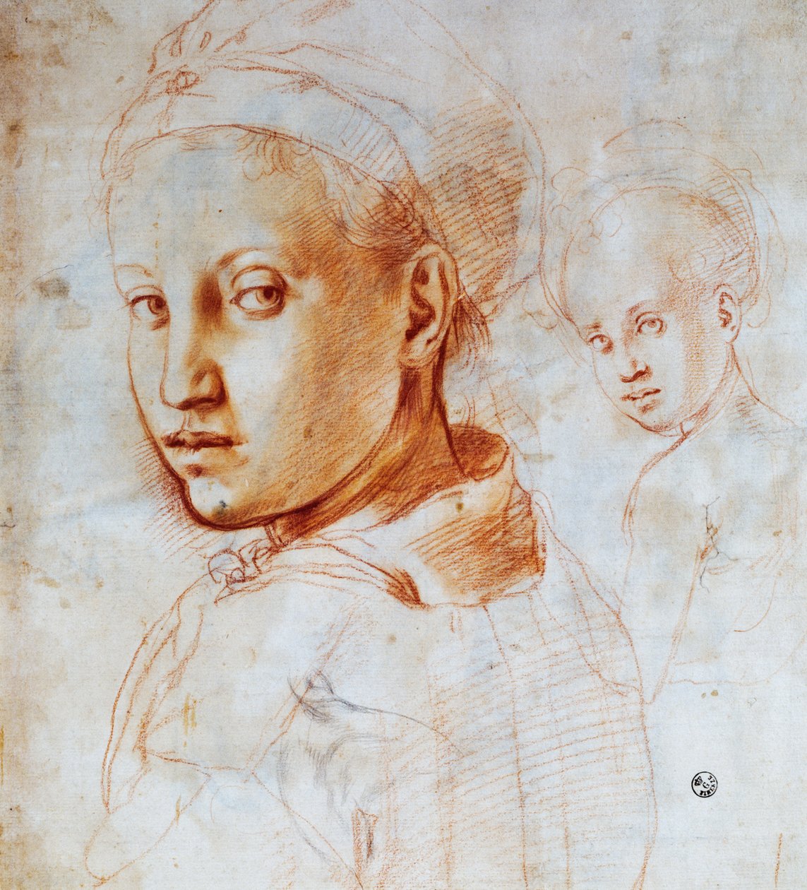 Ung kvinnas huvud, av Agnolo Bronzino (1503-1572), teckning, Italien av Jacopo Pontormo