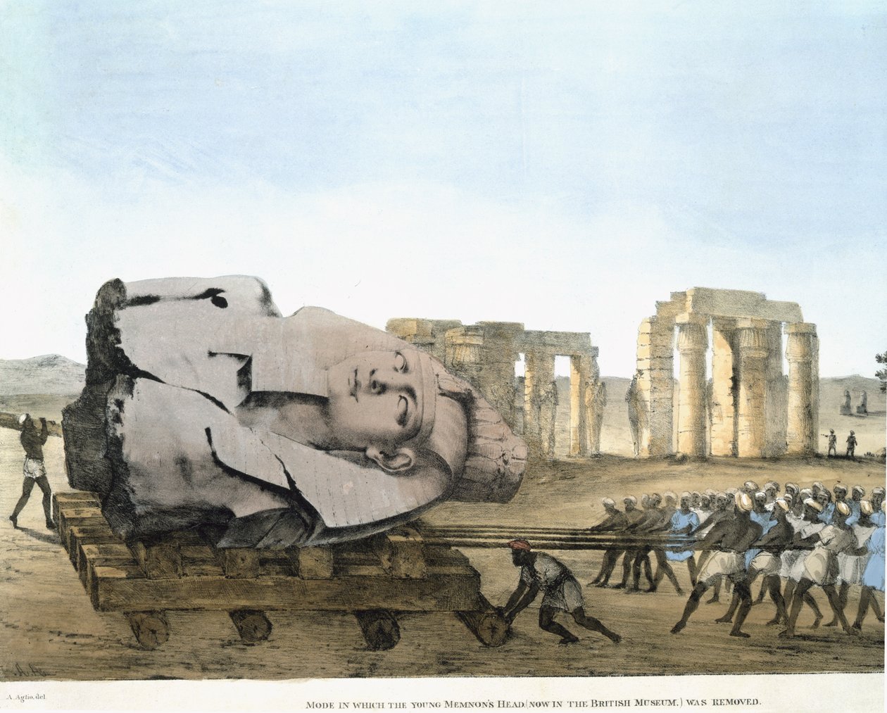 Läget där Young Memnons huvud togs bort, bildar plattor som illustrerar forskningen i Egypten och Nubien. Belzoni, Giovannie Battista. Aglio, Agostino (1777-1857) Publicerad 1820-22 av Agostino Aglio