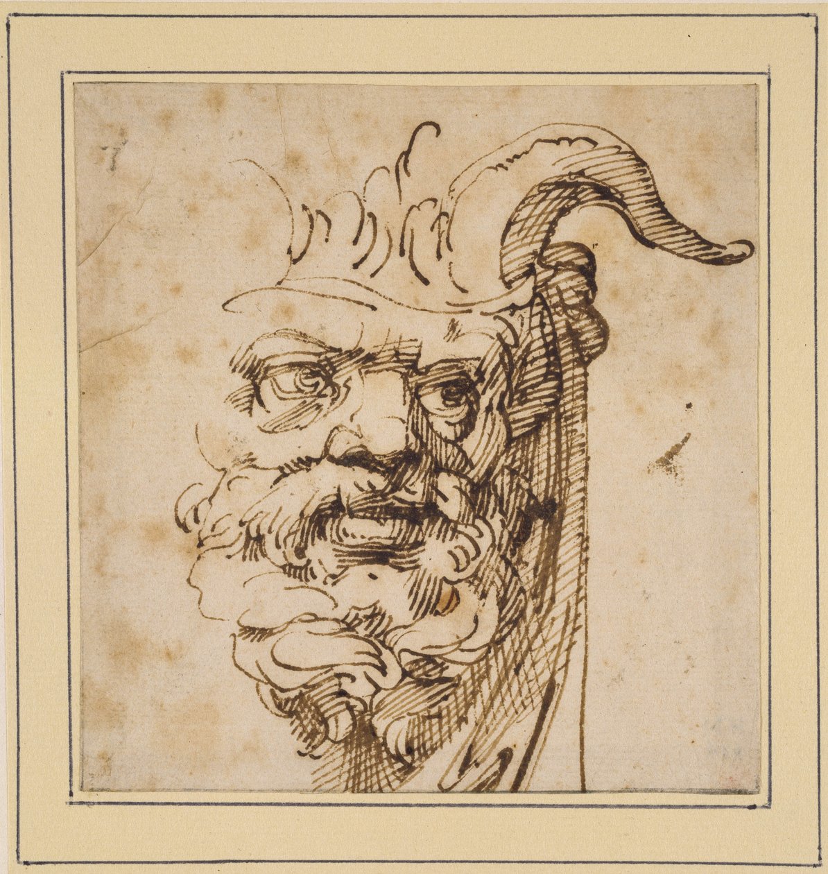 En silvanmask (penna och brunt bläck på benvitt papper) av Agostino Carracci