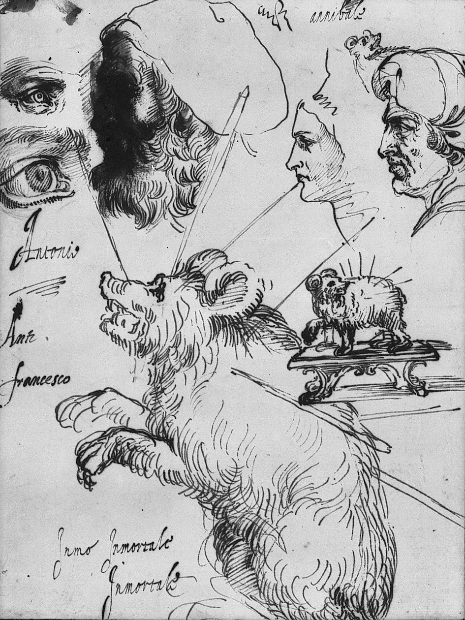 Studies for impresa of the Carracci family av Agostino Carracci