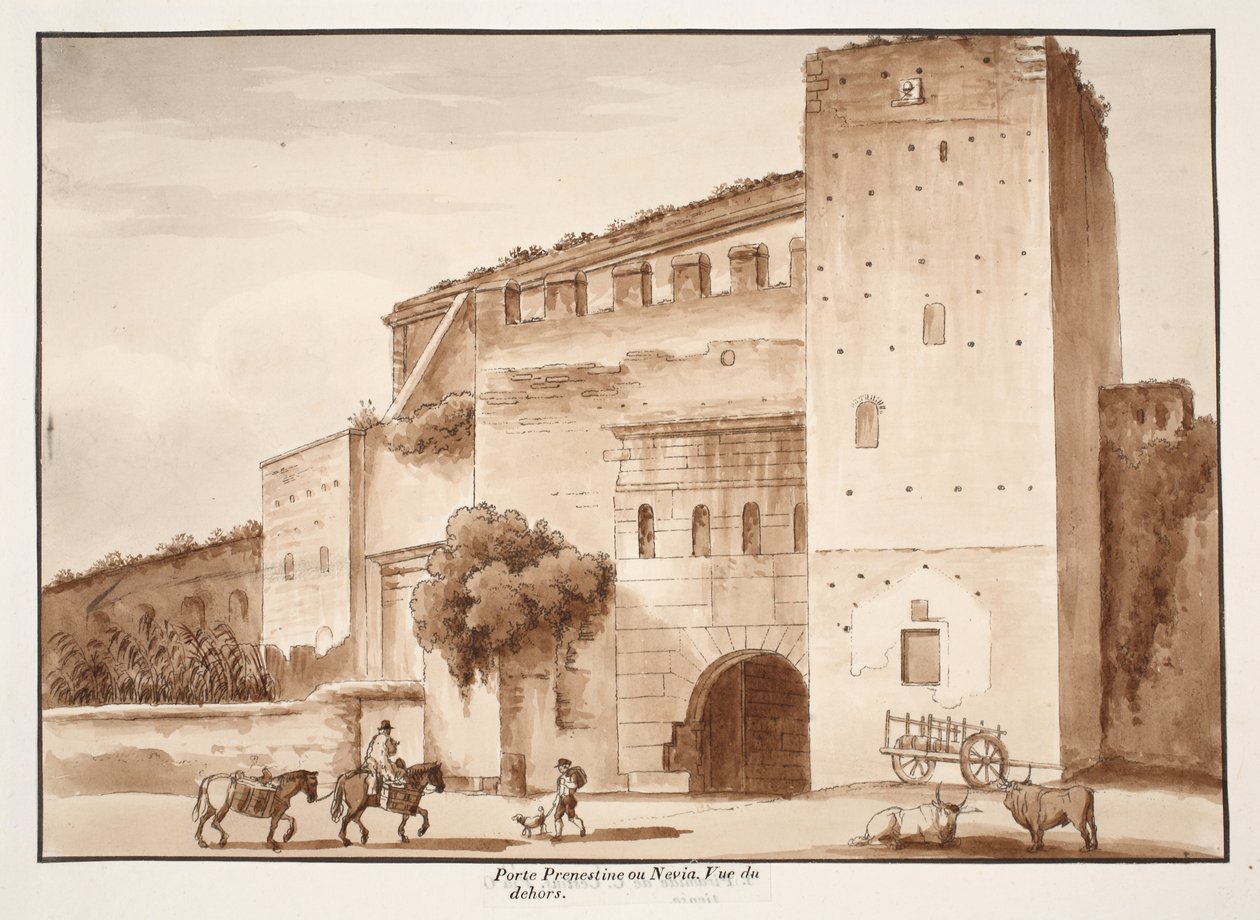 Exteriörvy av Porta Prenestina eller Nevia, 1833 (etsning med brun tvätt) av Agostino Tofanelli