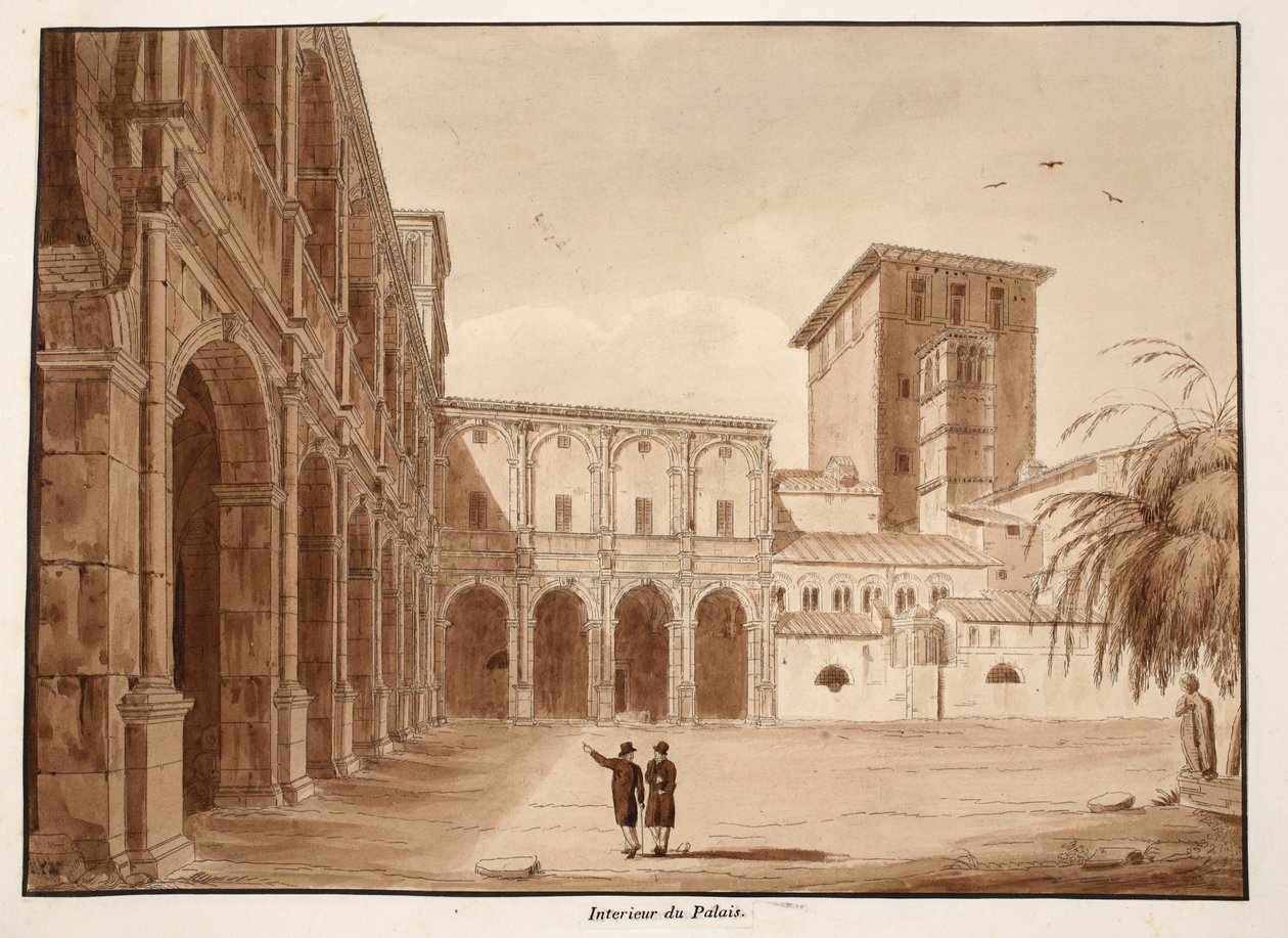 Inuti Palazzo di Venezia, 1833 (etsning med brun tvätt) av Agostino Tofanelli
