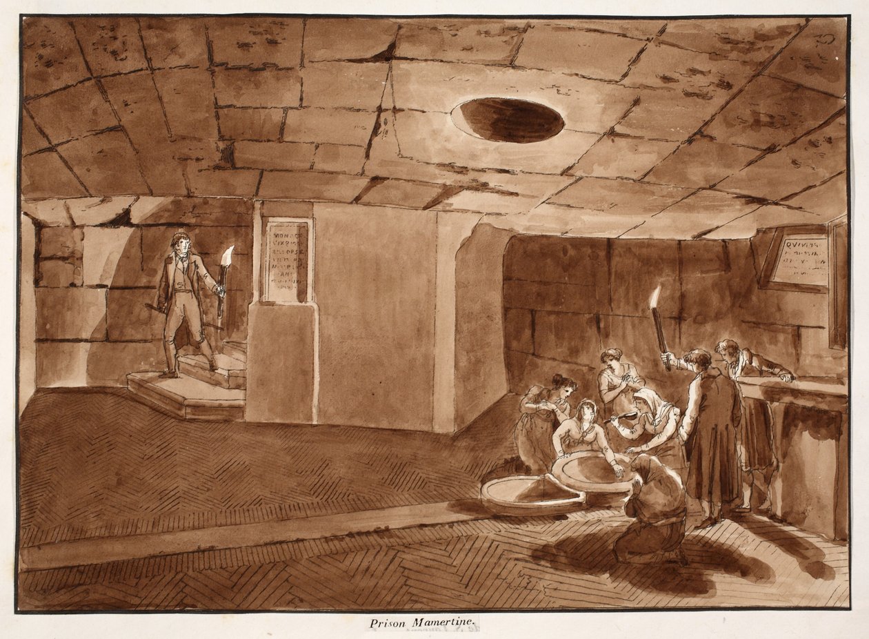 Mamertine fängelse, 1833 (etsning med brun tvätt) av Agostino Tofanelli