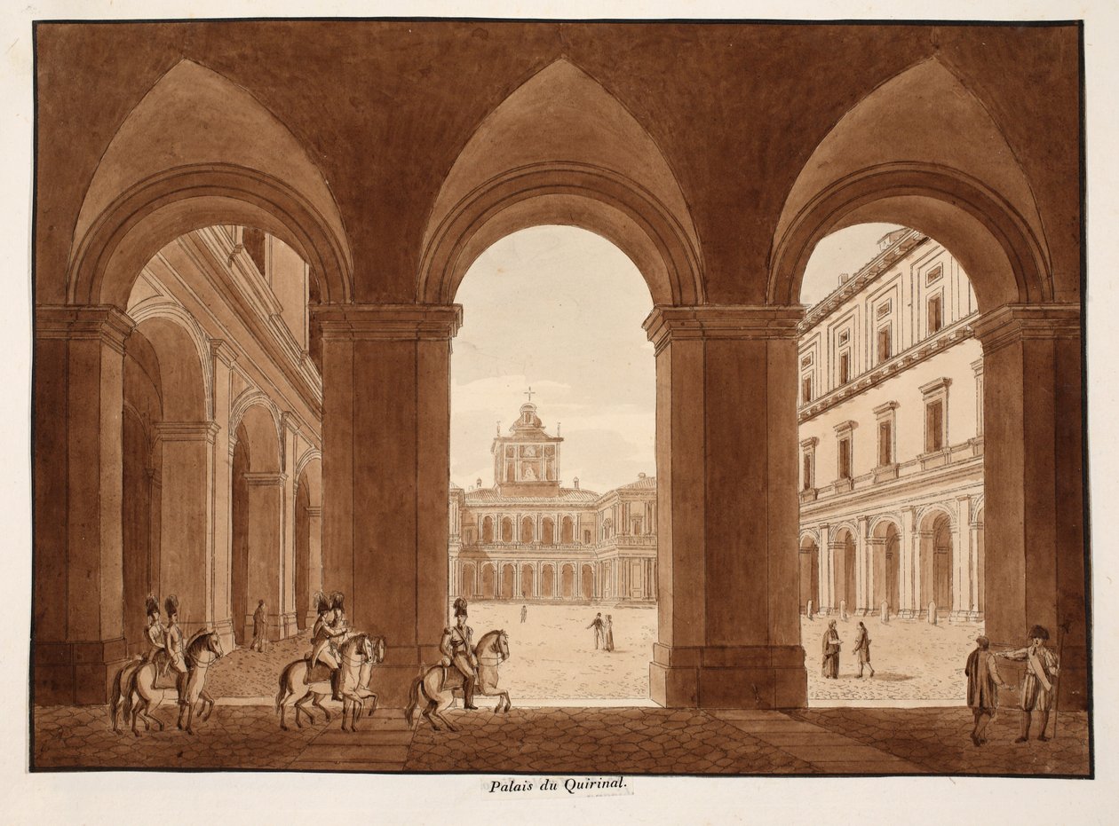 Palazzo del Quirinale, 1833 (etsning med brun tvätt) av Agostino Tofanelli