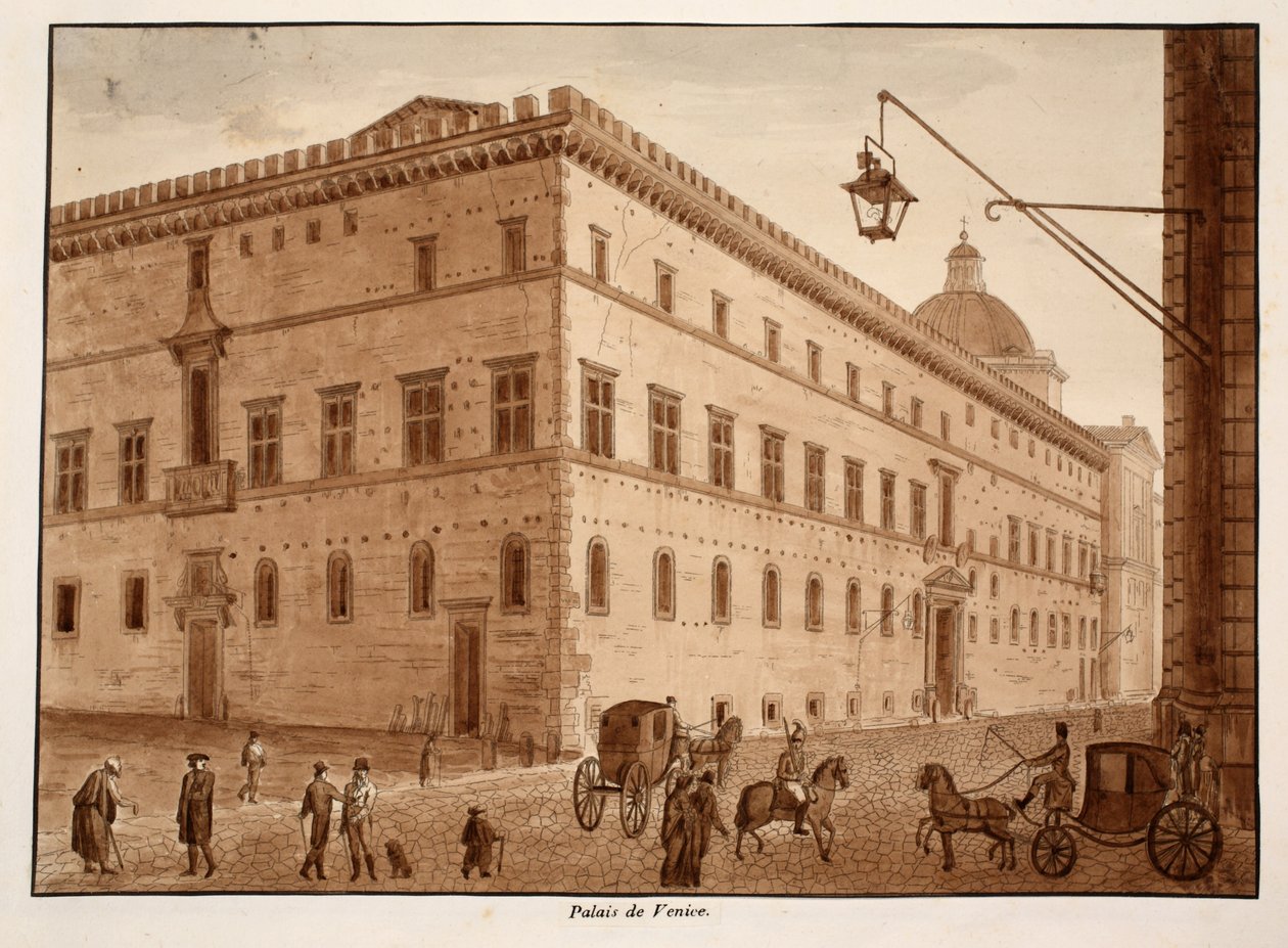 Palazzo di Venezia, 1833 (etsning med brun tvätt) av Agostino Tofanelli