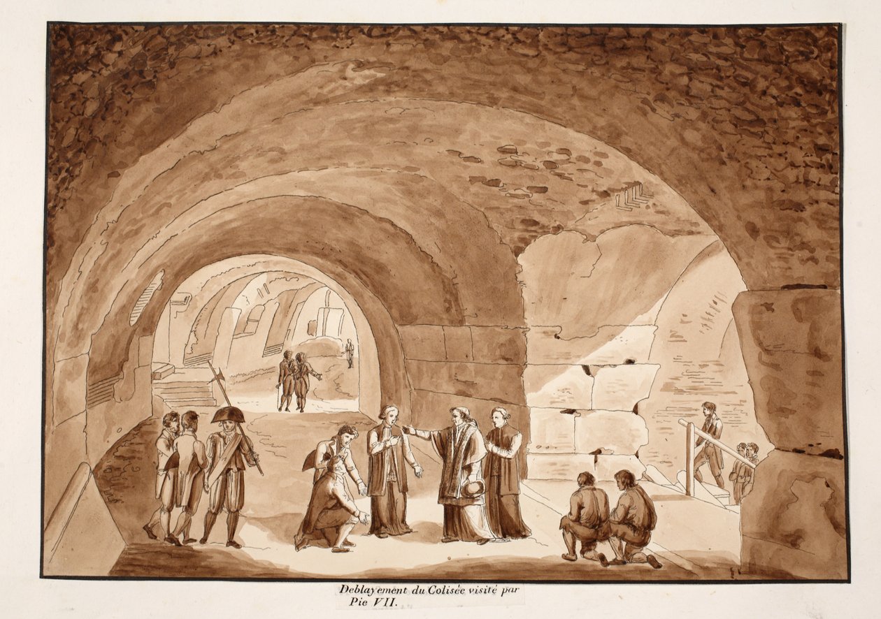 Pius VII besöker verken vid Colosseum, 1833 (etsning med brun tvätt) av Agostino Tofanelli