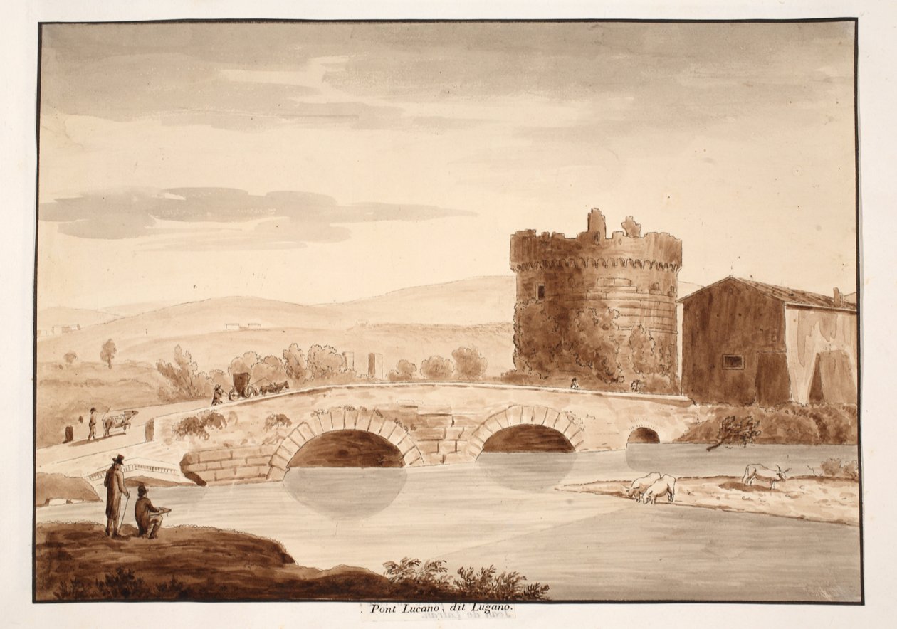 Ponte Lucano, eller Lugano, 1883 (etsning med brun tvätt) av Agostino Tofanelli
