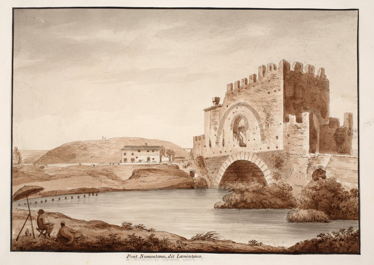 Ponte Nomentano, eller Lamentano, 1833 (etsning med brun tvätt) av Agostino Tofanelli