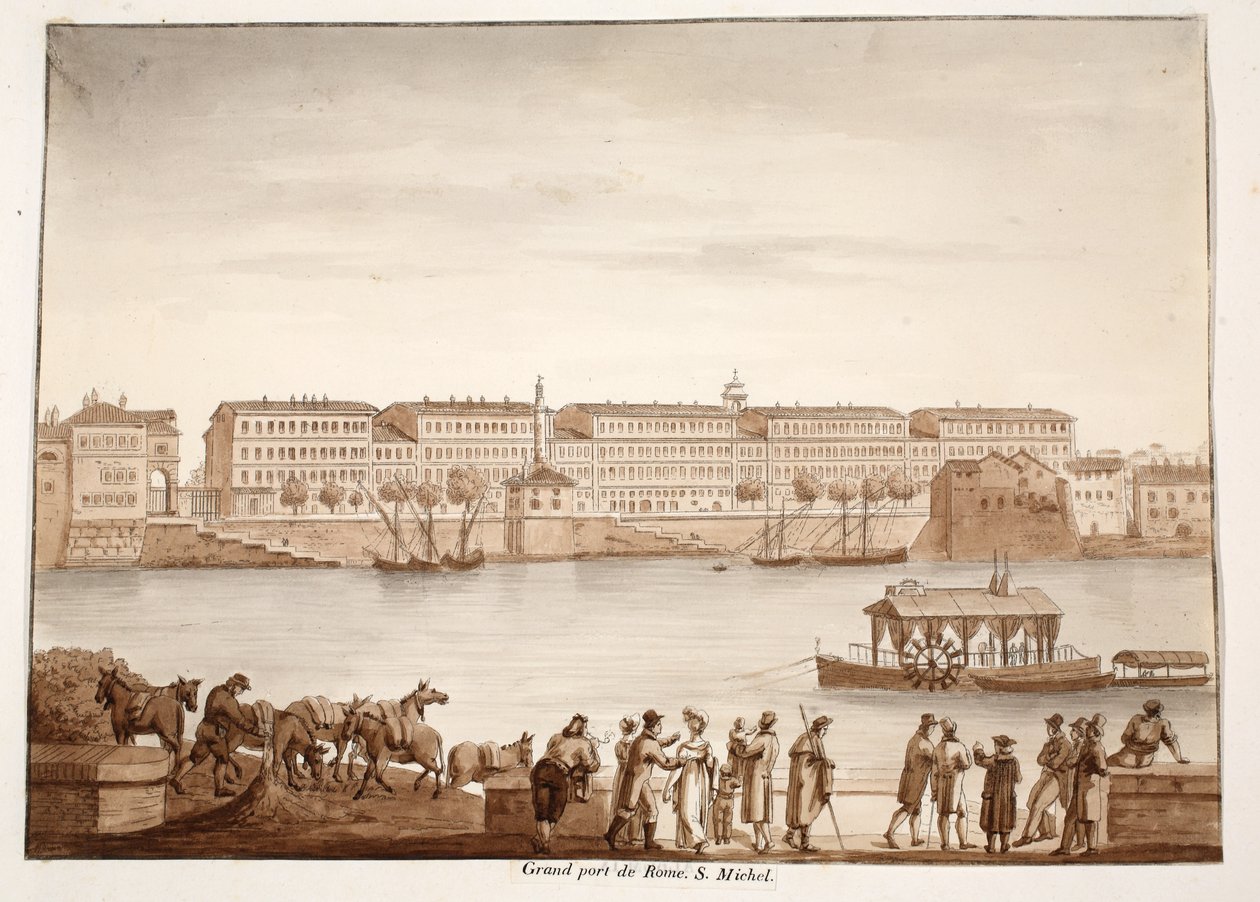 Porto di Ripa Grande och Ospizio di S. Michele, 1833 (etsning med brun tvätt) av Agostino Tofanelli