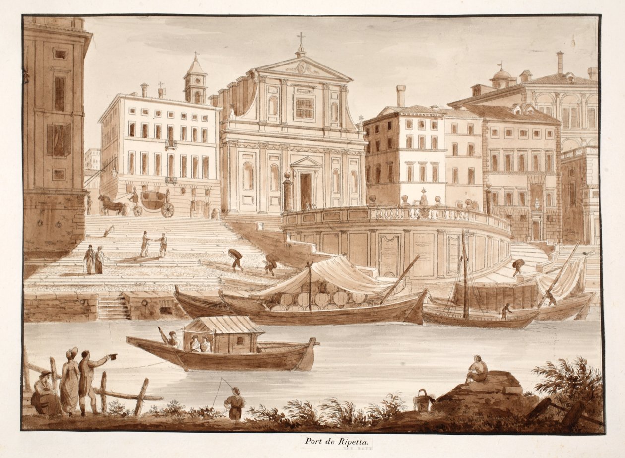 Port of Ripetta, 1833 (etsning med brun tvätt) av Agostino Tofanelli