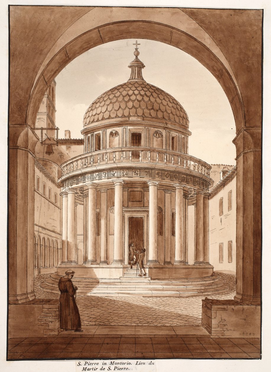 San Pietro i Montorio, platsen för Sankt Peters martyrskap, 1833 (etsning med brun tvätt) av Agostino Tofanelli