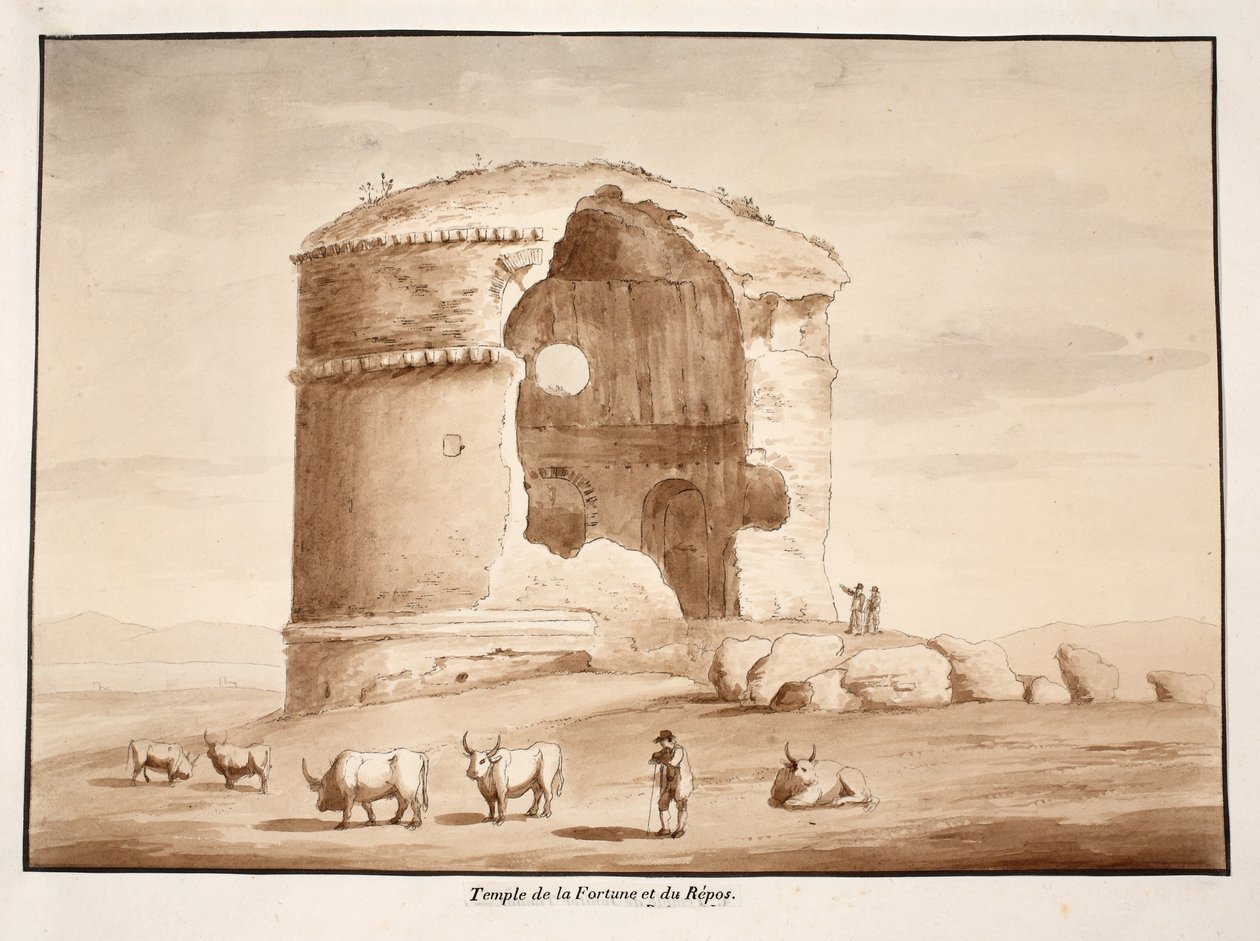 Temple of Fortune and Rest, 1833 (etsning med brun tvätt) av Agostino Tofanelli