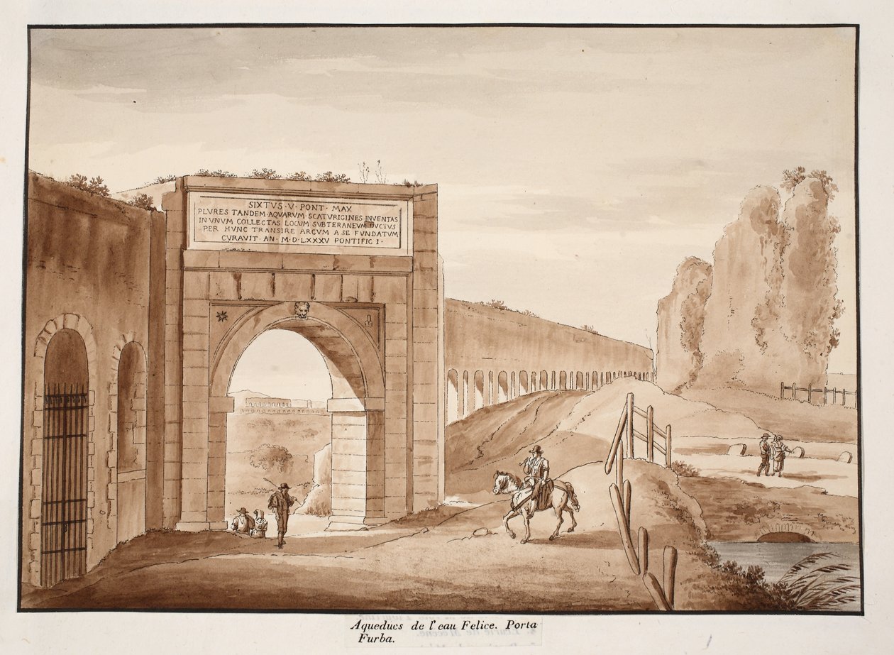 Acqua Felice och Porta Furba, 1833 (etsning med brun tvätt) av Agostino Tofanelli
