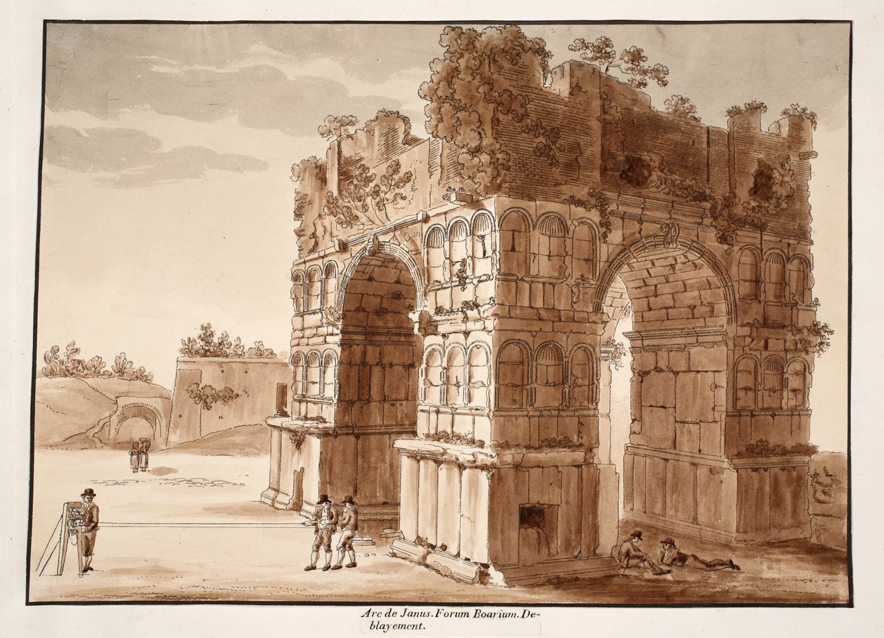Janus båge: utgrävning av Forum Boarium, 1833 (etsning med brun tvätt) av Agostino Tofanelli