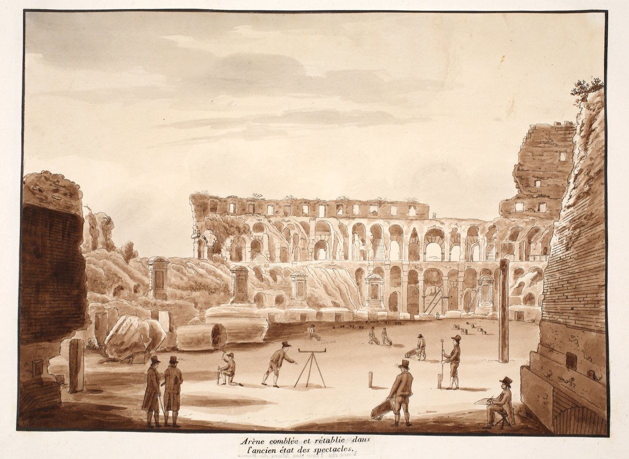 Colosseums arena fylld i och återställd till sitt tidigare skick, 1833 (etsning med brun tvätt) av Agostino Tofanelli