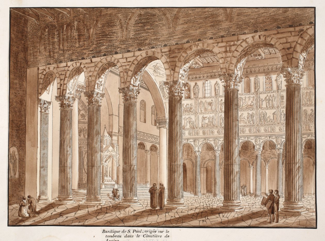 Sankt Pauls basilika, byggd på graven på kyrkogården i Lucina, 1833 (etsning med brun tvätt) av Agostino Tofanelli