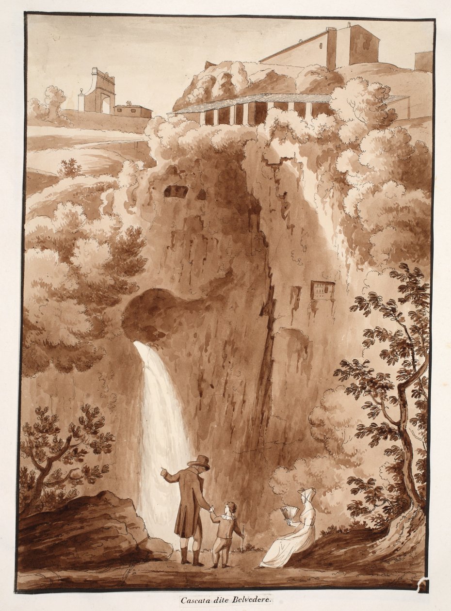"Belvedere" Cascade, 1833 (etsning med brun tvätt) av Agostino Tofanelli