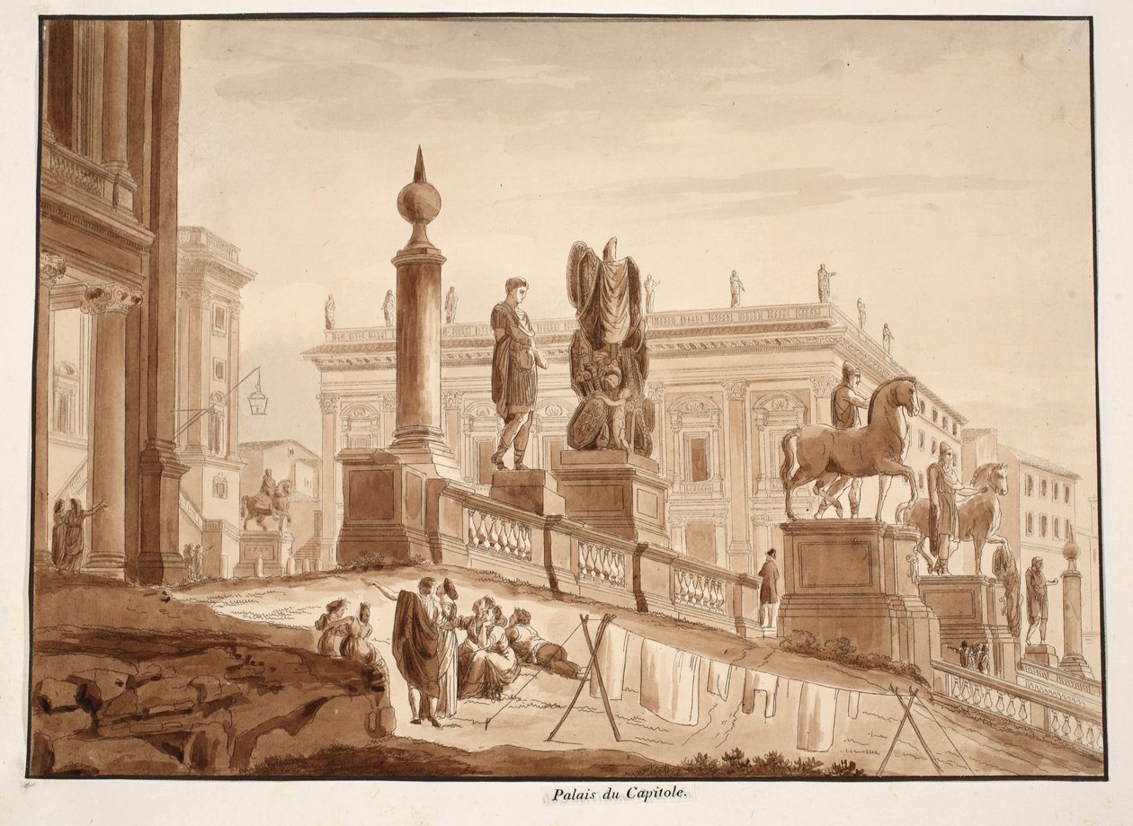The Capitoline Palazzi, 1833 (etsning med brun tvätt) av Agostino Tofanelli