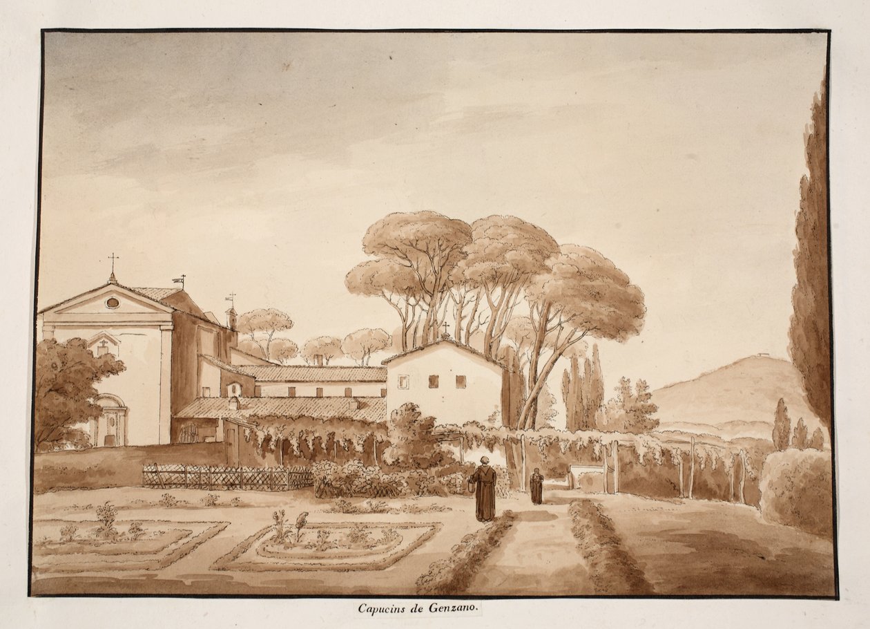 Kapucinerklostret i Genzano, 1833 (etsning med brun tvätt) av Agostino Tofanelli