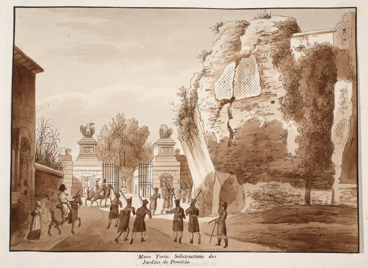 Muro Torto och grunden till Domitians trädgårdar, 1833 (etsning med brun tvätt) av Agostino Tofanelli