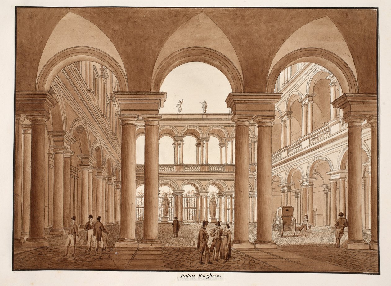 Palazzo Borghese, 1833 (etsning med brun tvätt) av Agostino Tofanelli