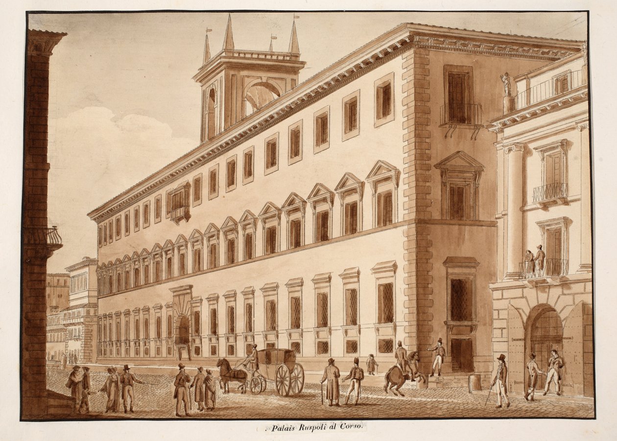 Palazzo Ruspoli al Corso, 1833 (etsning med brun tvätt) av Agostino Tofanelli
