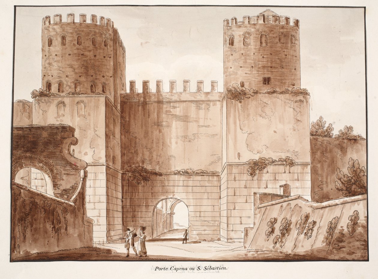 Porta Capena eller Porta San Sebastiano, 1833 (etsning med brun tvätt) av Agostino Tofanelli