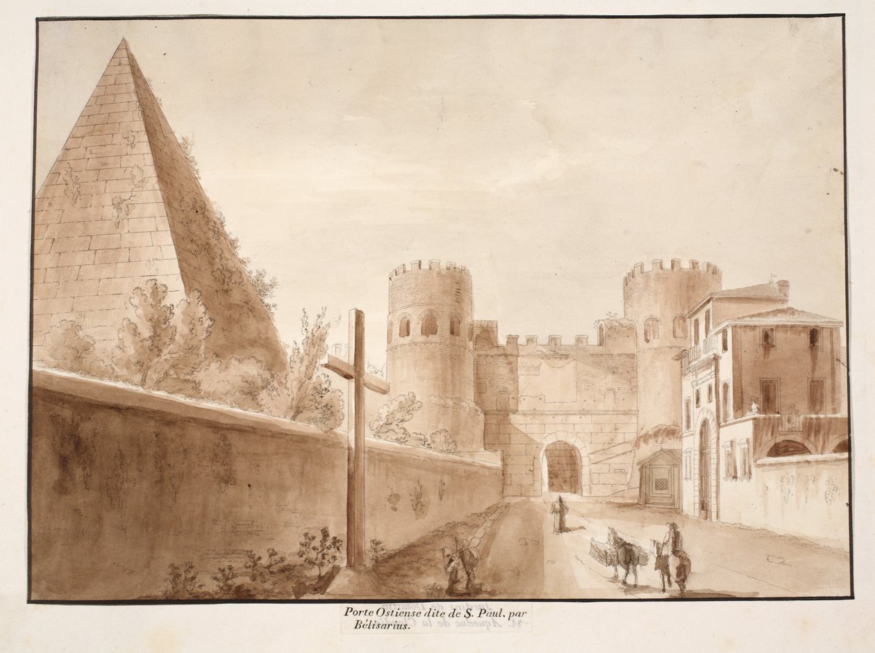 Porta Ostiensis eller San Paolo, byggd av Belisarius, 1833 (etsning med brun tvätt) av Agostino Tofanelli