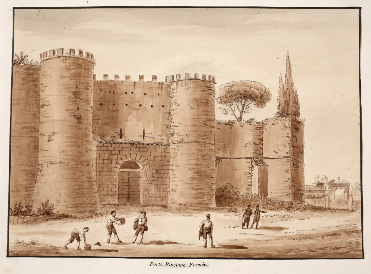 Porta Pinciana, stängd, 1833 (etsning med brun tvätt) av Agostino Tofanelli
