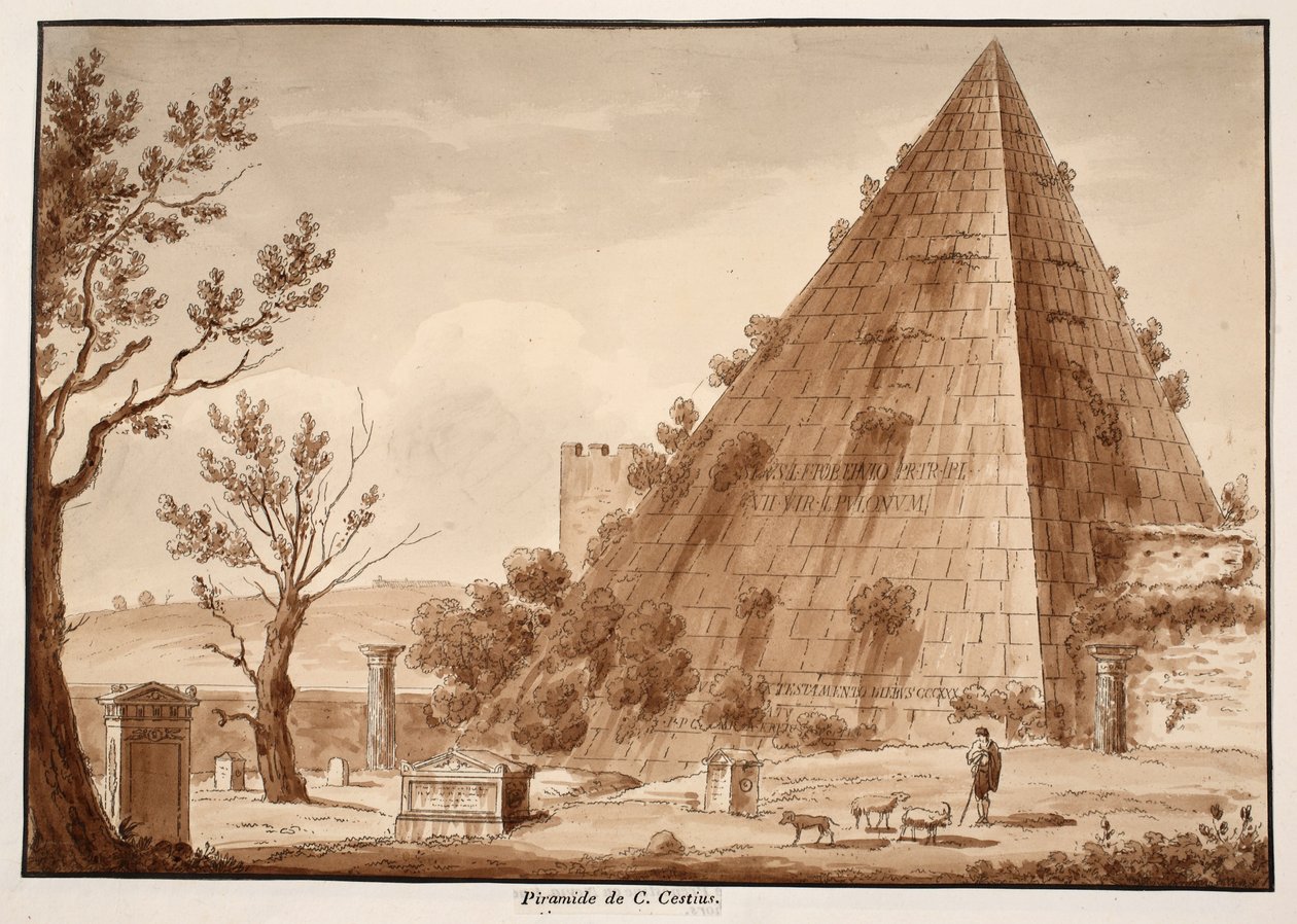 The Pyramid of C.Cestius, 1833 (etsning med brun tvätt) av Agostino Tofanelli