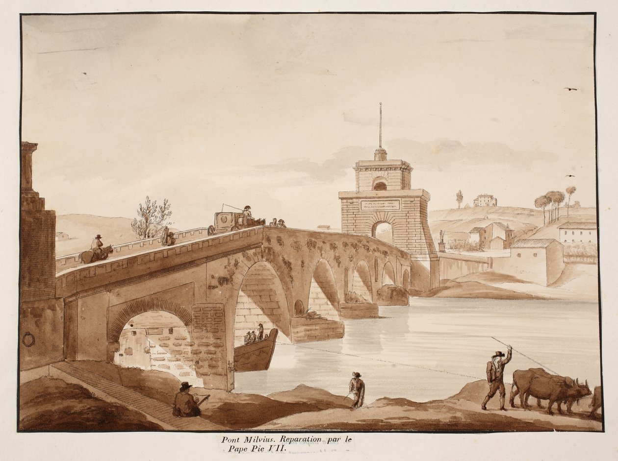 Restaureringen av Ponte Milvio av påven Pius VII, 1833 (etsning med brun tvätt) av Agostino Tofanelli