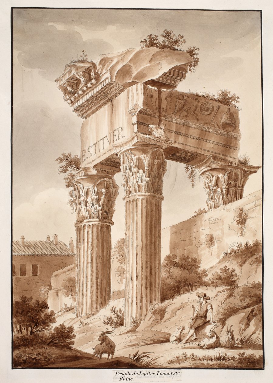 The Temple of Jupiter Tonans, ruiner, 1833 (etsning med brun tvätt) av Agostino Tofanelli