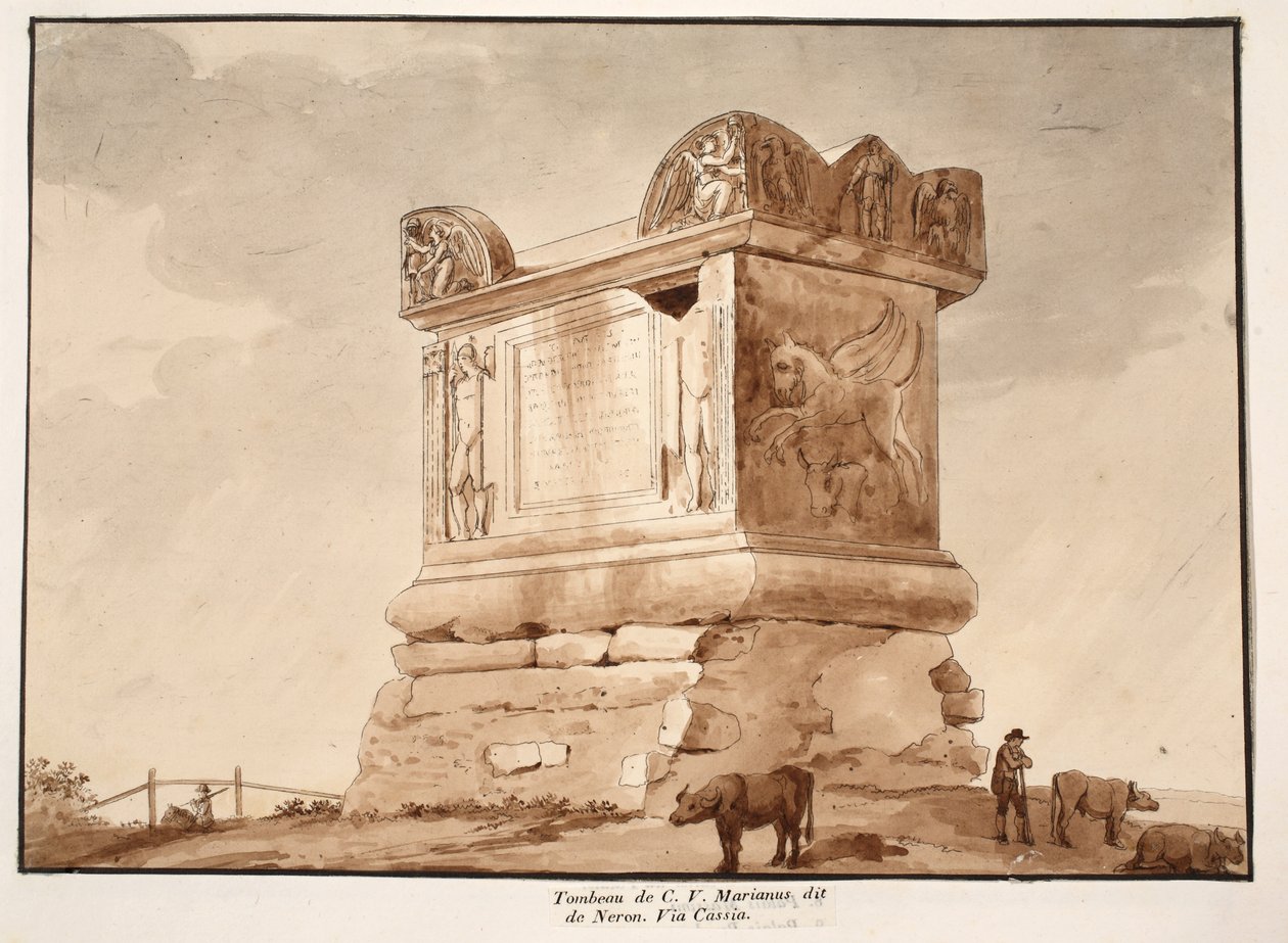 Graven av C.V. Marianus, även känd som Neros grav. Via Cassia, 1833 (etsning med brun tvätt) av Agostino Tofanelli