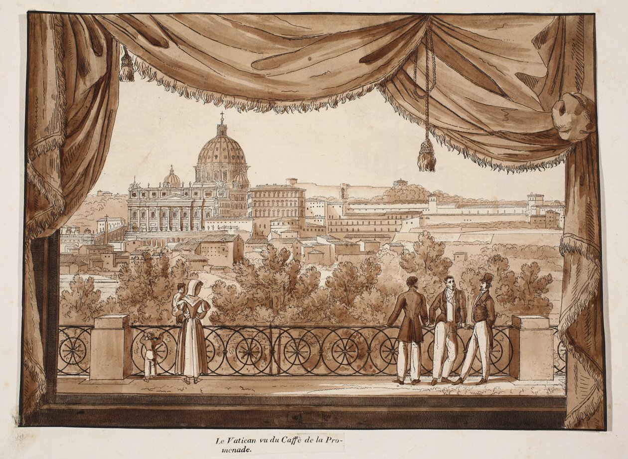 Vatikanen sett från Caffe de la Promenade, 1833 (etsning med brun tvätt) av Agostino Tofanelli