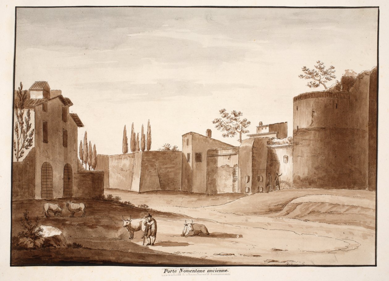 Den gamla Porta Nomentana, 1833 (etsning med brun tvätt) av Agostino Tofanelli