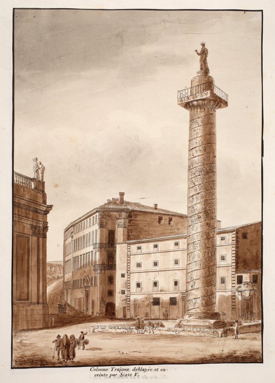 Trajanus kolumn, rensad och avspärrad av Sixtus V, 1833 (etsning med brun tvätt) av Agostino Tofanelli