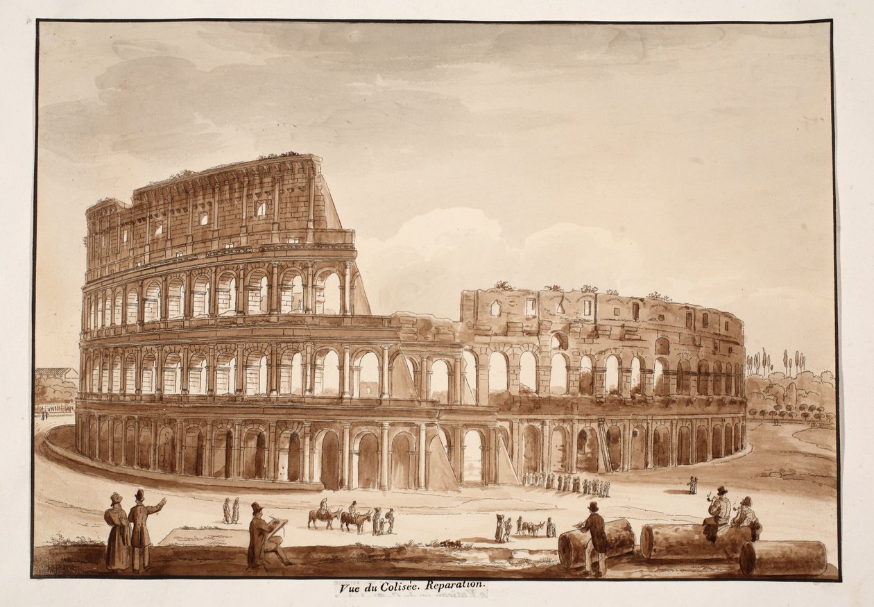 Utsikt över Colosseum under restaurering, 1833 (etsning med brun tvätt) av Agostino Tofanelli