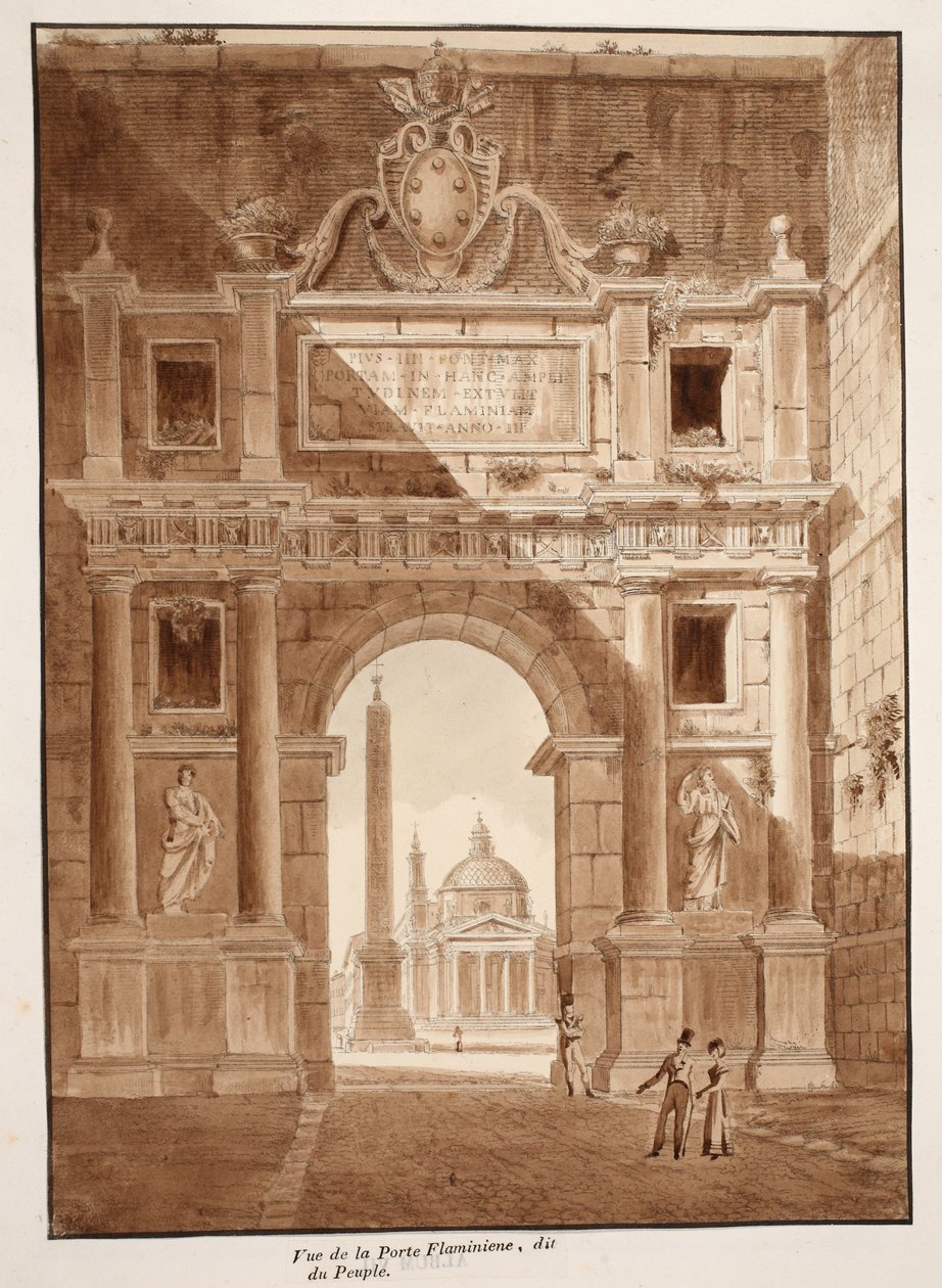 Utsikt över Porta Flaminia, eller Porta del Popolo, 1833 (etsning med brun tvätt) av Agostino Tofanelli