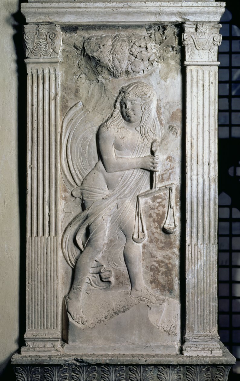 Vågen representerad av en ungdom som håller vågar, från en serie reliefer som föreställer planetsymbolerna och zodiakens tecken, ca 1450 (gips) av Agostino di Duccio