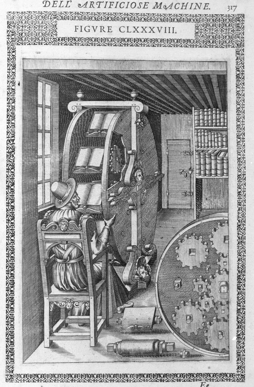 Automatiskt bibliotek. Baserad på ett projekt av Agostino Ramelli i "" Diverse and Artificiose Machin"" och Milan 1600. av Agostino (after) Ramelli