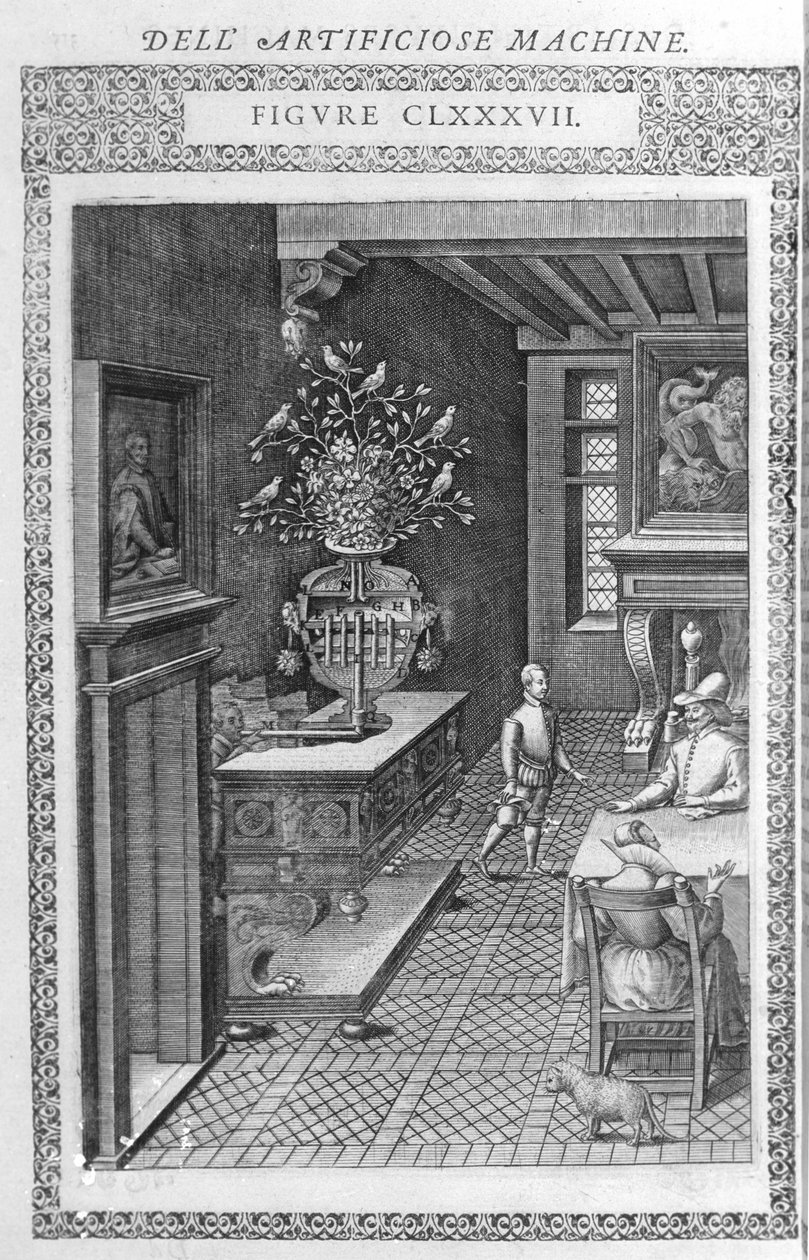 Fontän med falska fåglar som sjunger. Detta är ett projekt av Agostino Ramelli, enligt "" Diverse and Artificiosis Machine"". Milano 1600. av Agostino (after) Ramelli
