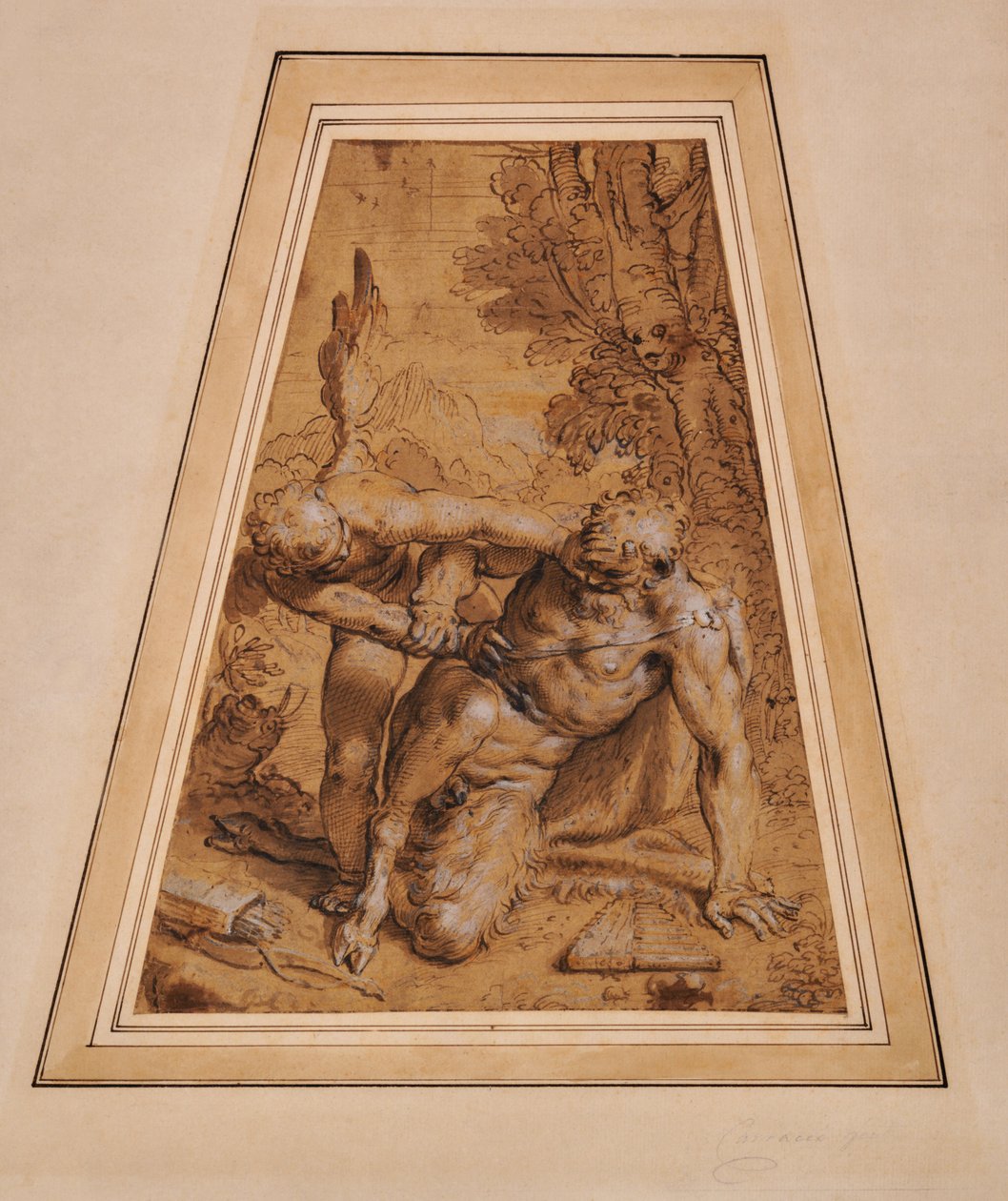 Cupid erövrar Pan av Agostino (attr. to) Carracci