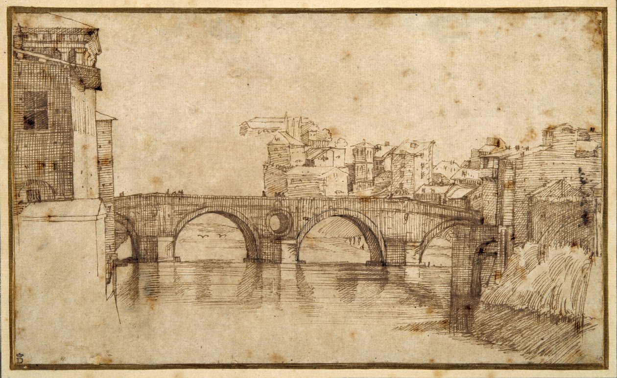 Isola Tiberina, Rom (penna & brunt bläck på papper) av Agostino (attr. to) Carracci