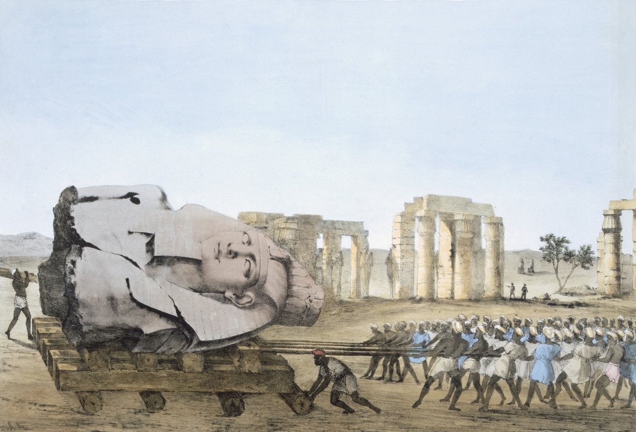 Läge där Young Memnons huvud togs bort, från plattor som illustrerar forskningen i Egypten och Nubia, Giovannie Battista Belzoni, Pub. 1822 (färglitografi) av Agostino Aglio