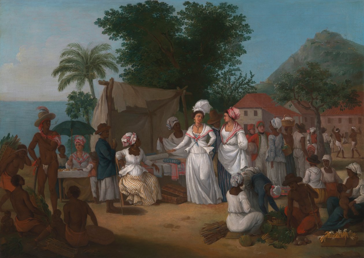 En linnemarknad med en linnebod och grönsaksförsäljare i Västindien av Agostino Brunias